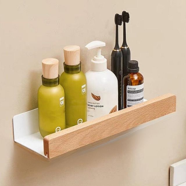 Tavoro | No-drill bathroom wall shelf made of solid wood, self-adhesive