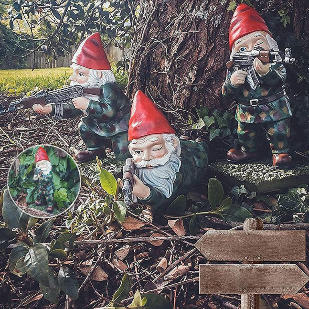 Nano da giardino militare | Nano in uniforme mimetica | Figura da giardino resistente alle intemperie | Resina