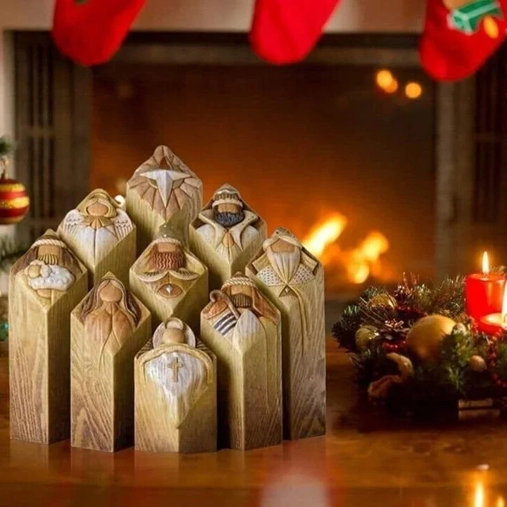 Velmora | Weihnachtskrippe mit 9 Krippenfiguren in Holzoptik aus Kunstharz