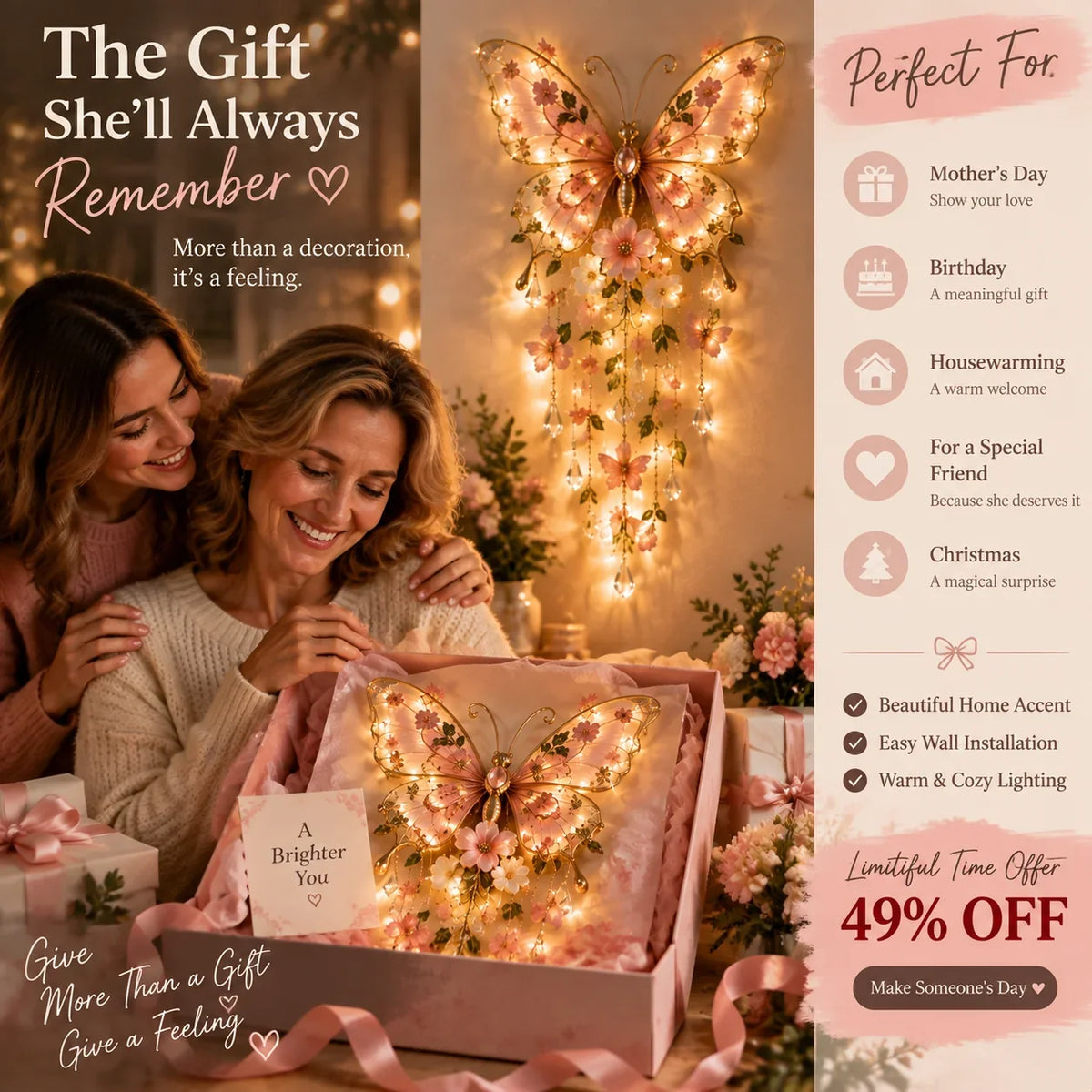 Papilora | Butterfly Wall Decor with Lights, Blossoms and Crystal Dangling Details