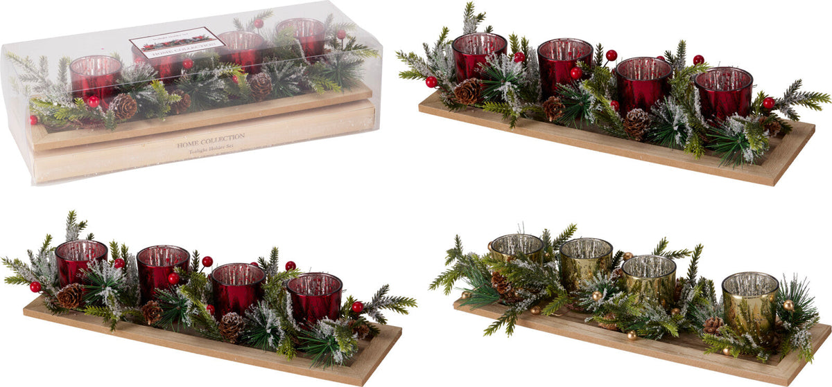 Torari | Teelichthalter Weihnachten auf Holztablett mit 4 Gläsern und Tannengrün