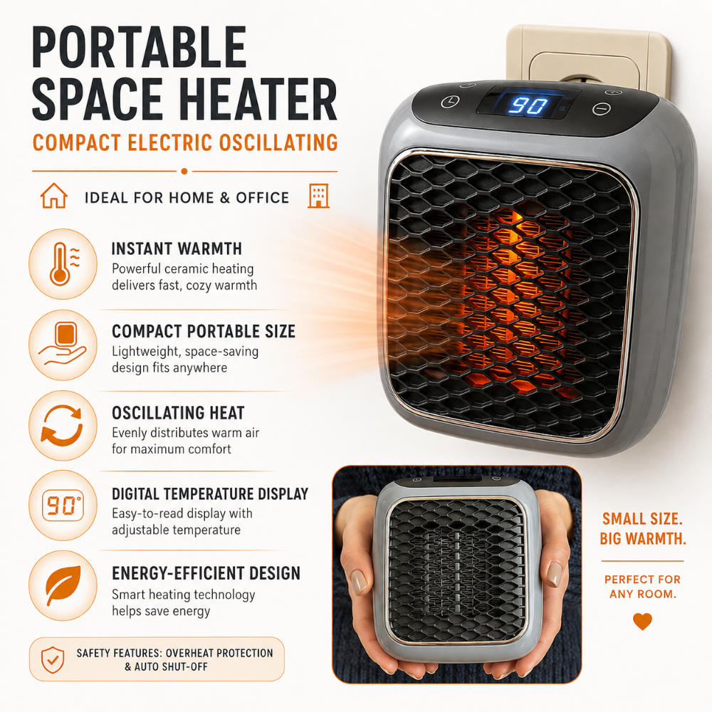 Jorida | Termoventilatore compatto con oscillazione per scrivania e camera da letto