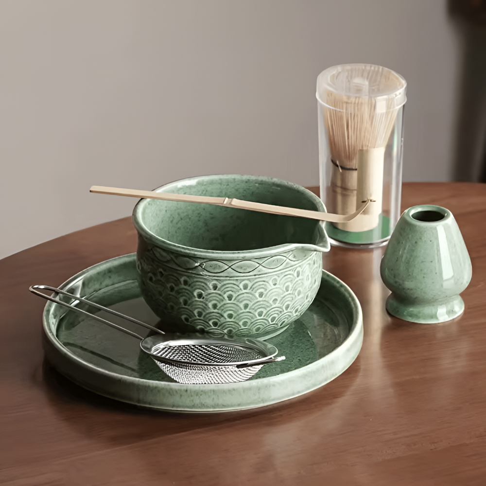 Matcha szett 5/6 részes | Zöld kerámia tál 500 ml | Bambusz kiegészítőkkel