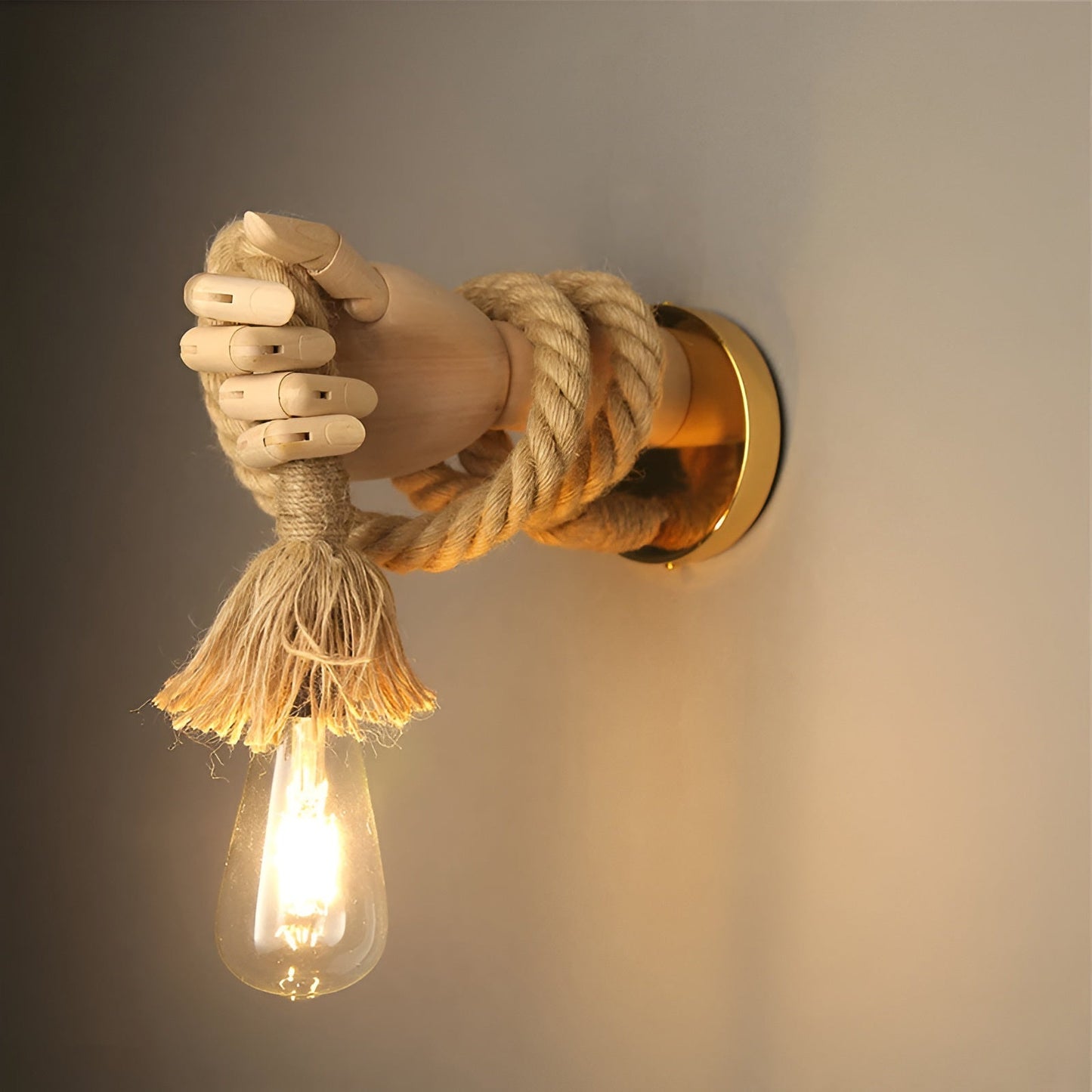 Lampada da parete RetroHand | Corda di canapa e legno fatti a mano | Design vintage con portalampada E27