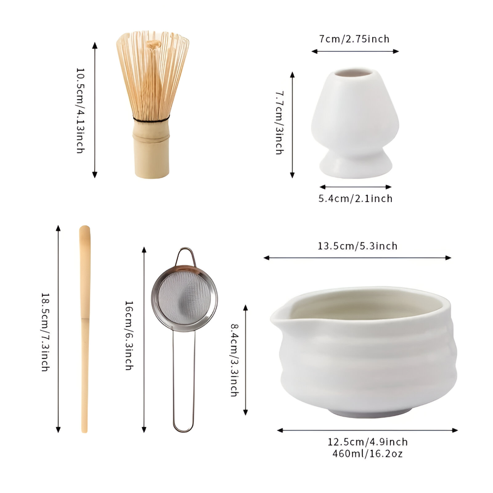 Set Matcha 5 pezzi | Ciotola in ceramica bianca 460 ml | Con frusta in bambù | Design giapponese