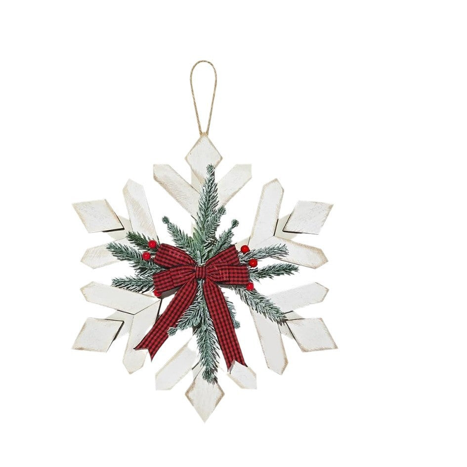 Flocara | Decorazione da parete a forma di fiocco di neve con rami di abete e fiocco a quadri, 30 cm
