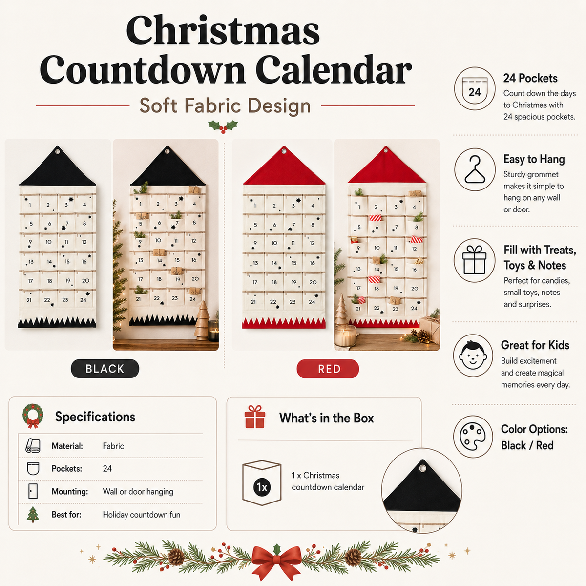 Taschora | Calendario dell’Avvento in tessuto da riempire, con 24 tasche da appendere
