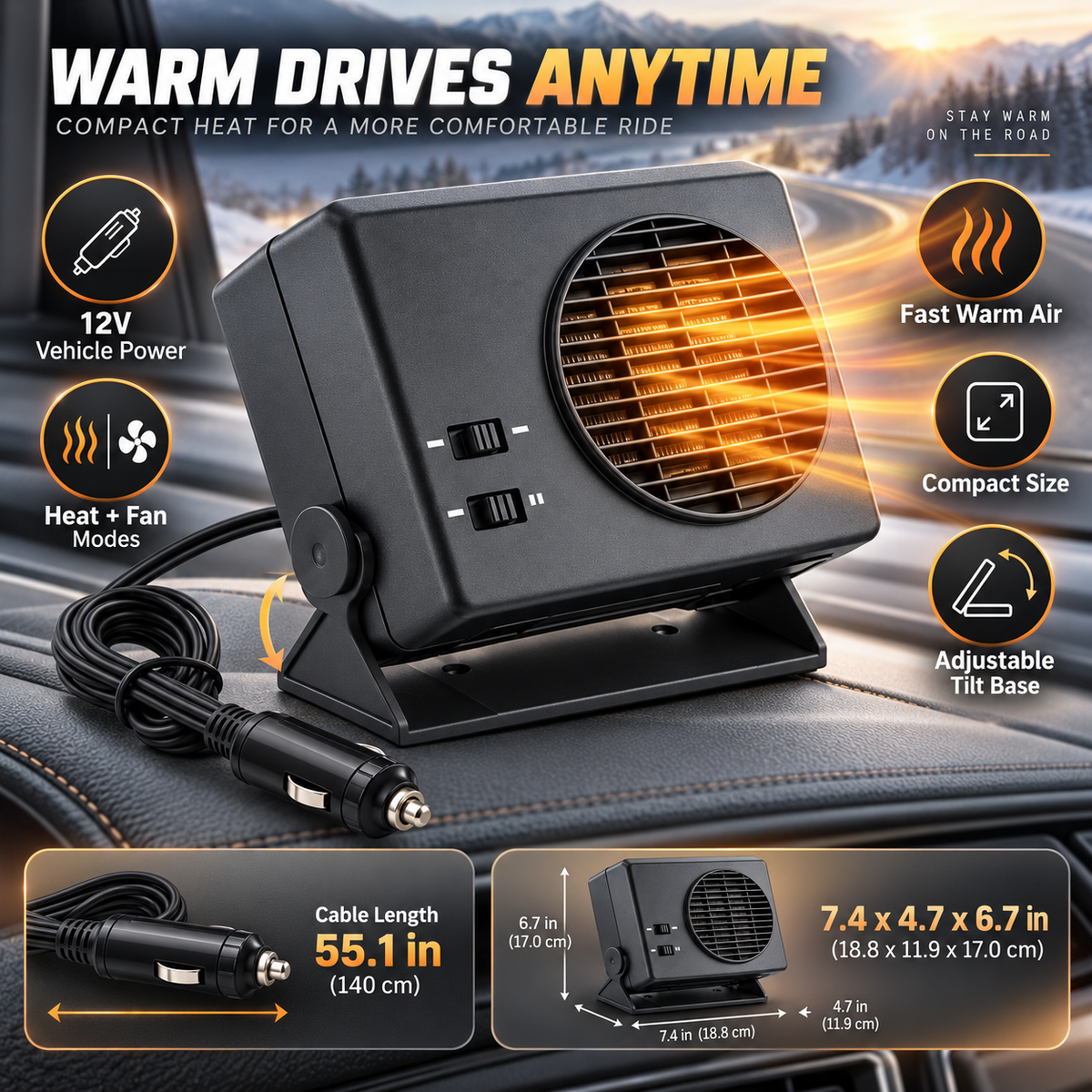 Kabinora | 12V Ceramic Car Heater with Heat and Fan Settings