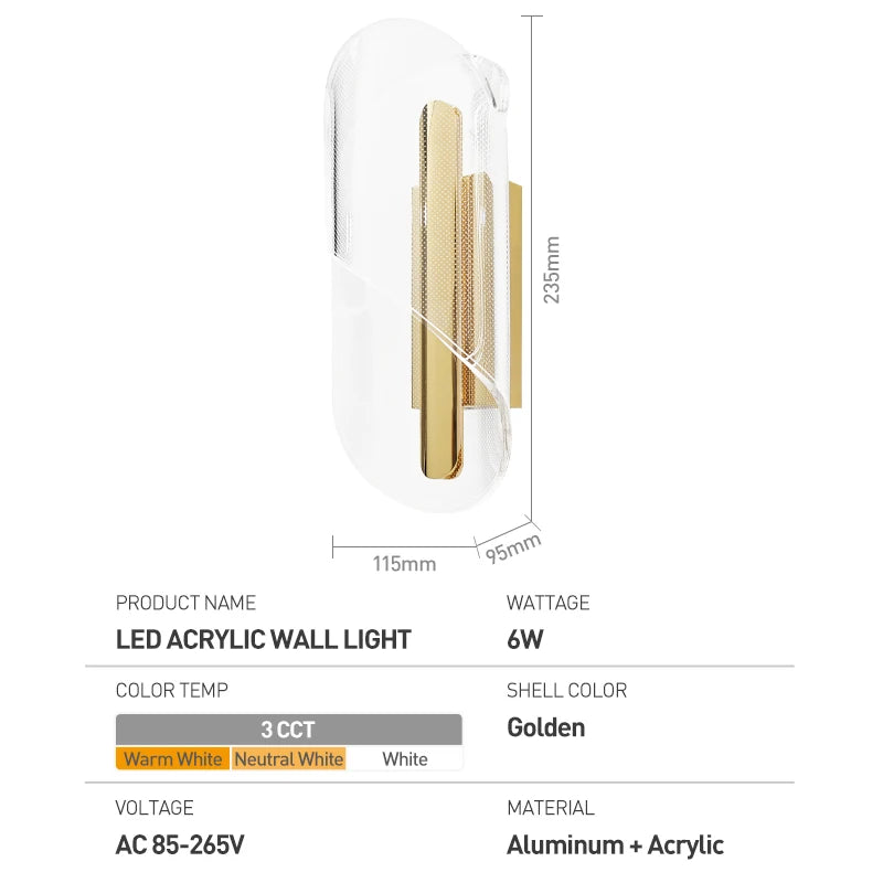 Lirien Alva | Applique LED in acrilico in stile scandinavo per camera da letto e soggiorno