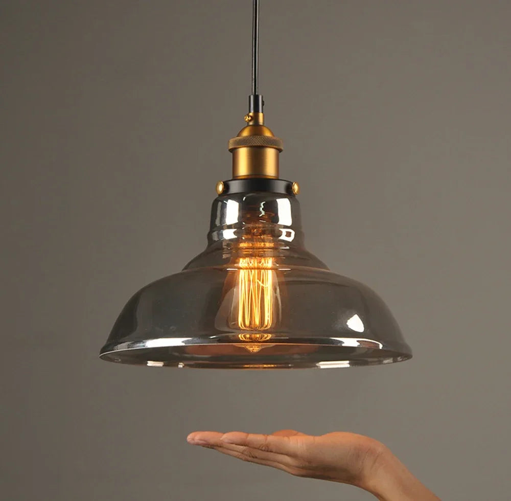 Lampada a sospensione retro Elliot – Lampada a sospensione vintage con paralume in vetro grigio fumo