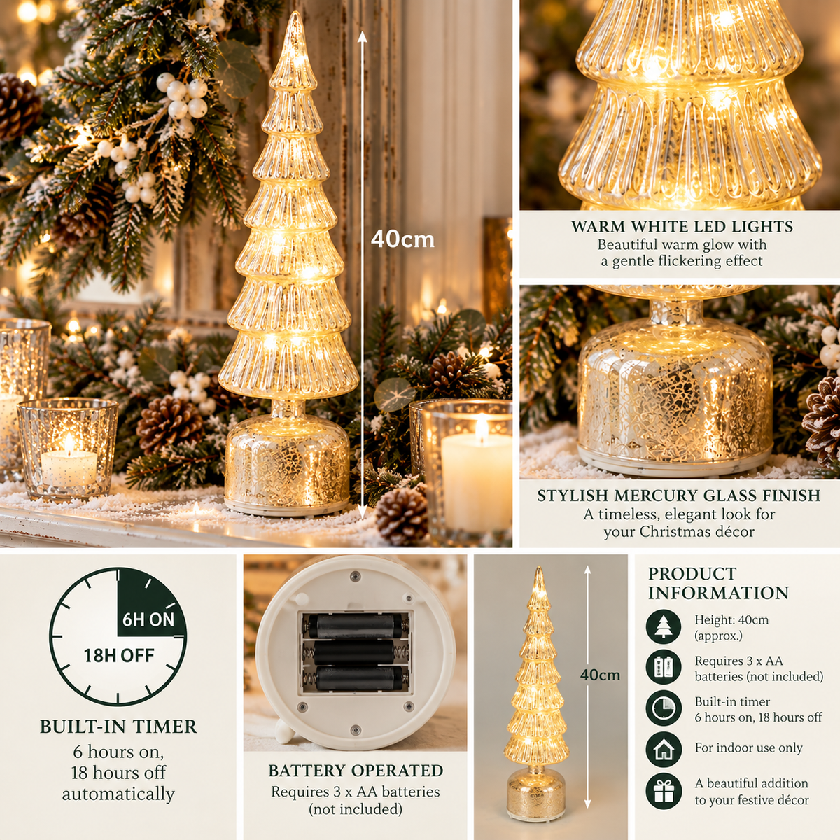 Silvanto | Glass LED Christmas tree, 40 cm, with timer and battery power