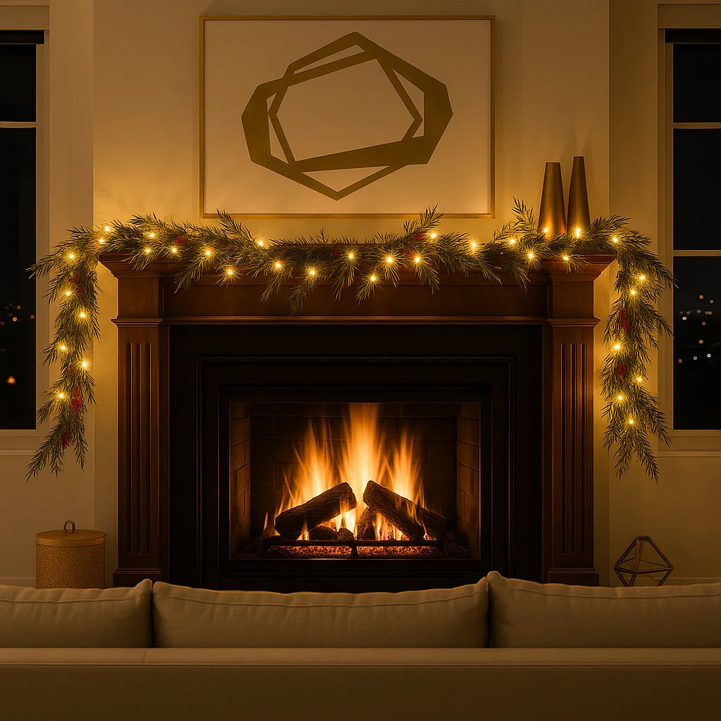 Winterbeergirlande mit Beleuchtung | 1,5 m Weihnachtsgirlande mit Warmweißen LEDs & Roten Beeren