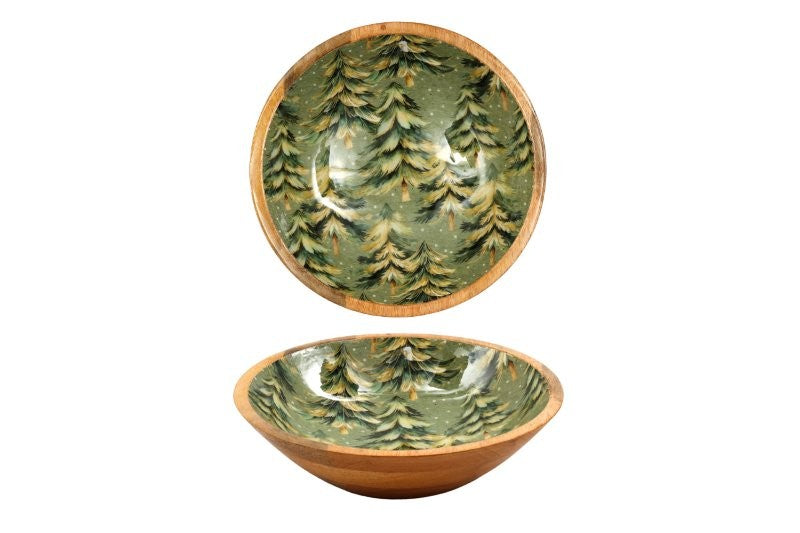Silvaro | Mango wood serving bowl with enamel in a winter forest design, Ø 30 cm