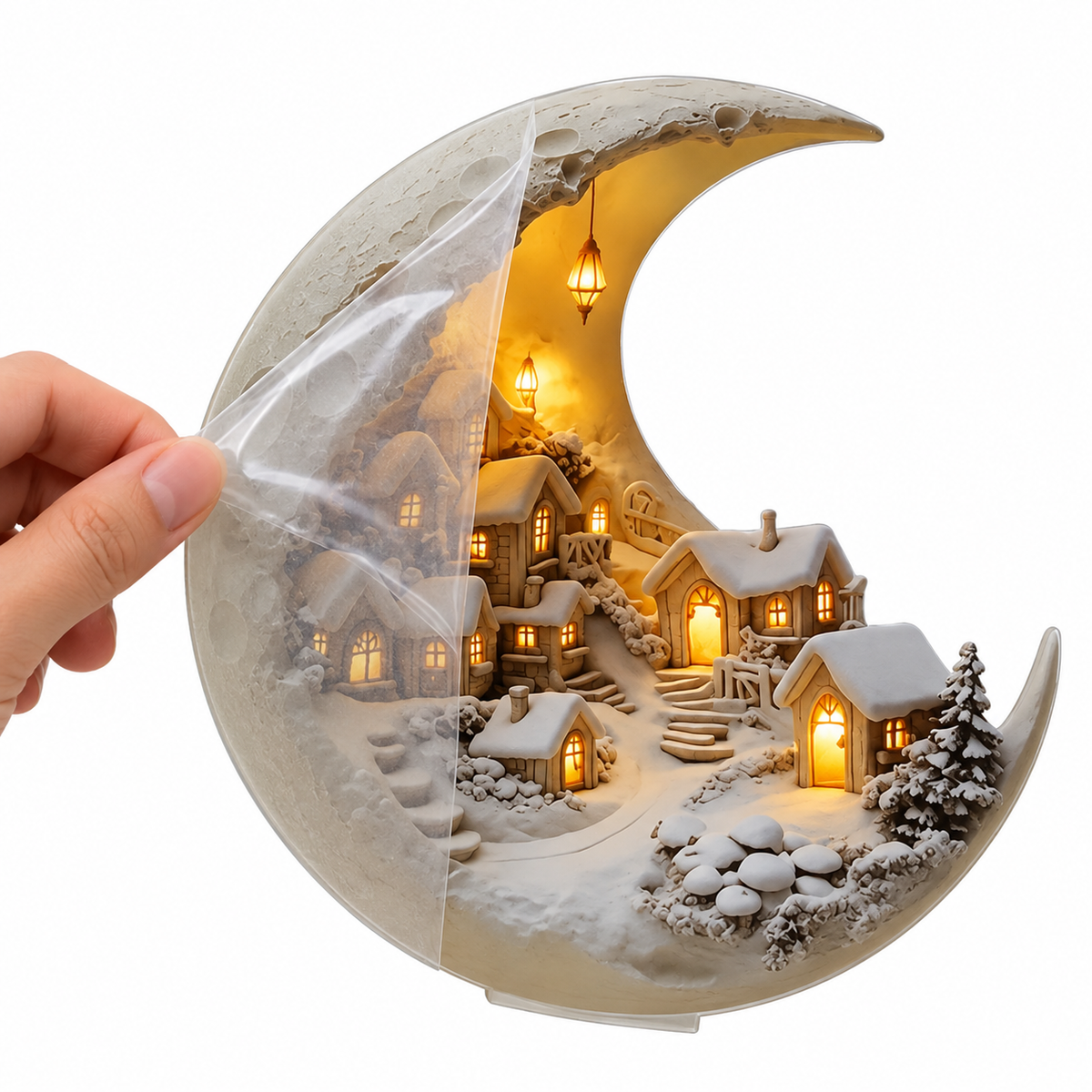 Lunivra | Decorazione in acrilico con villaggio invernale, falce di luna, 20 × 17 cm