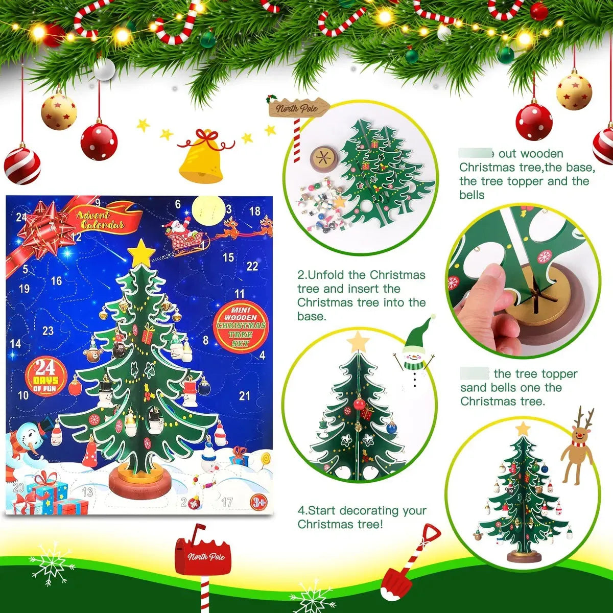Wintavo | Children’s Christmas tree advent calendar with 24 hanging ornaments