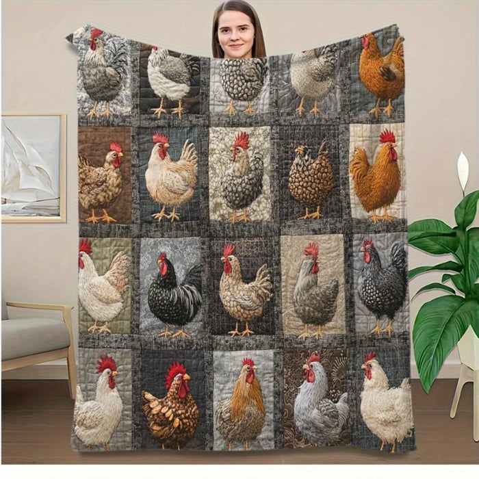 Hennalo | Coperta morbida in flanella con motivo a galline per divano, letto e poltrona
