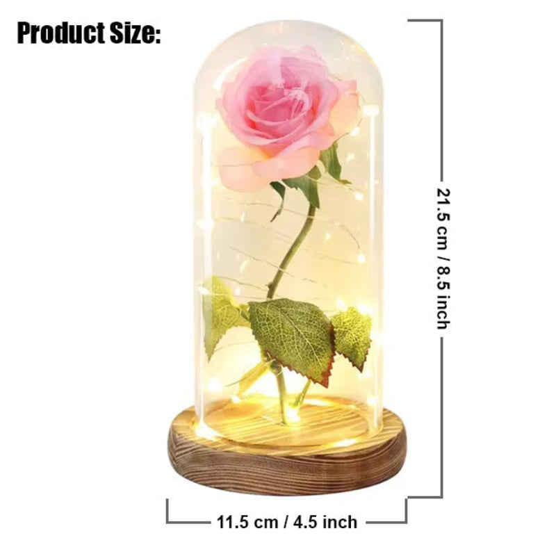 Rosalune | Ewige Rose im Glasdom mit warmweißem LED-Licht und Holzsockel