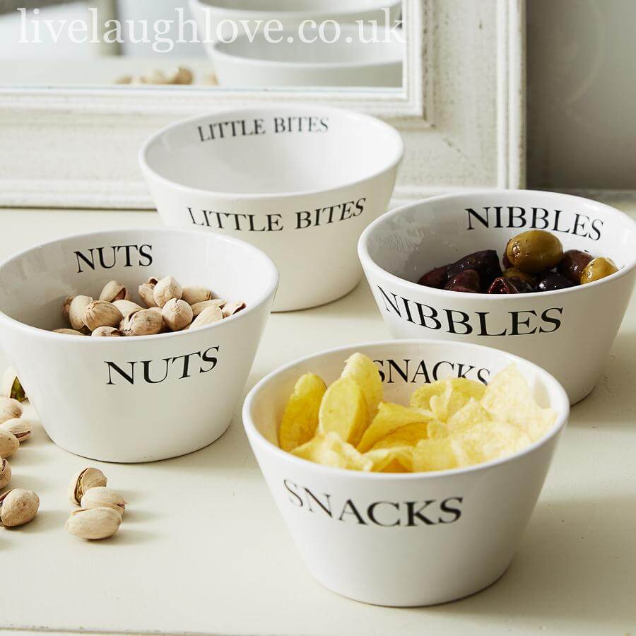 Dolmira | Set di 4 ciotoline in ceramica per snack con scritte, 11,5 cm
