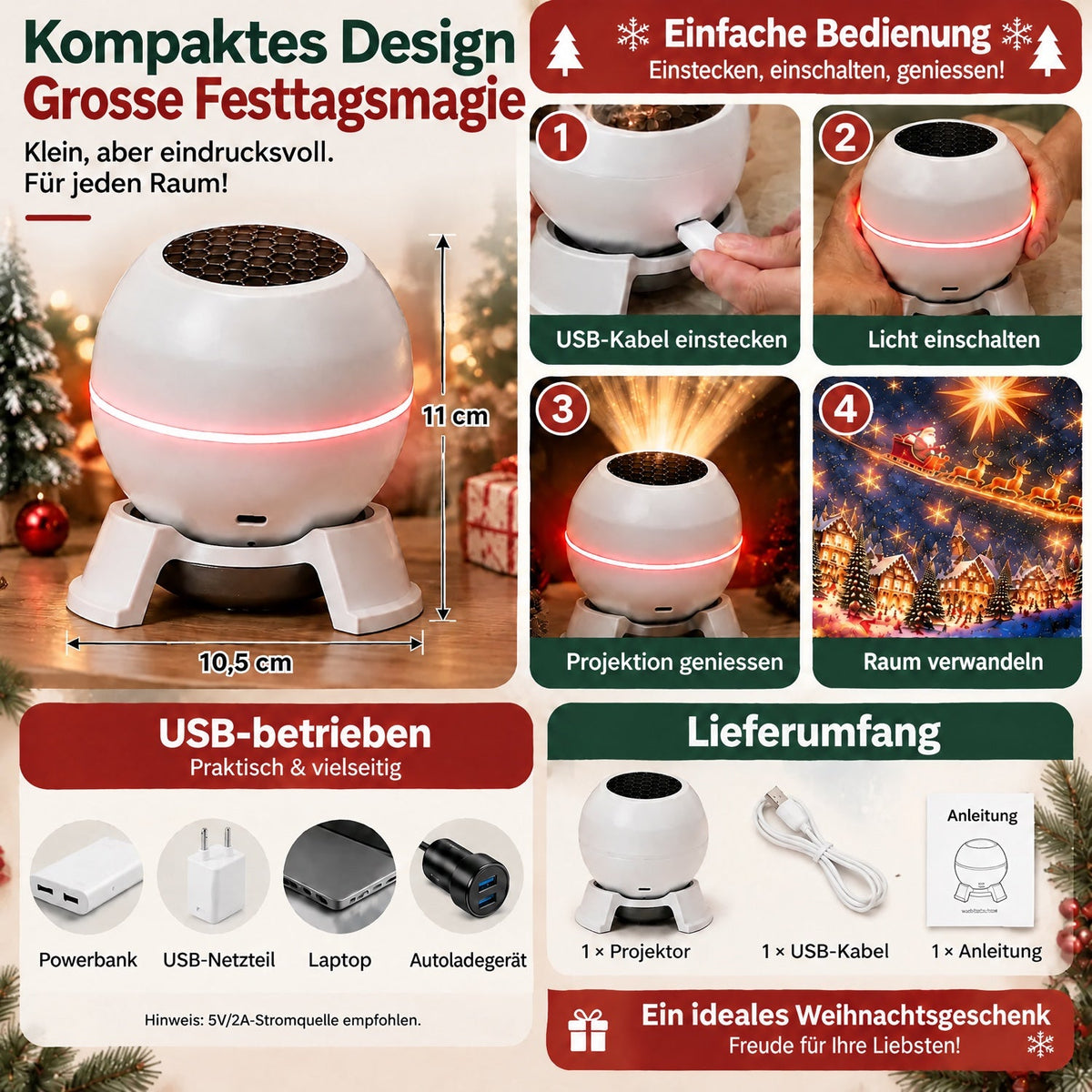 Snowvia | LED Weihnachtsbeleuchtung als Projektor mit bewegten Mustern, USB