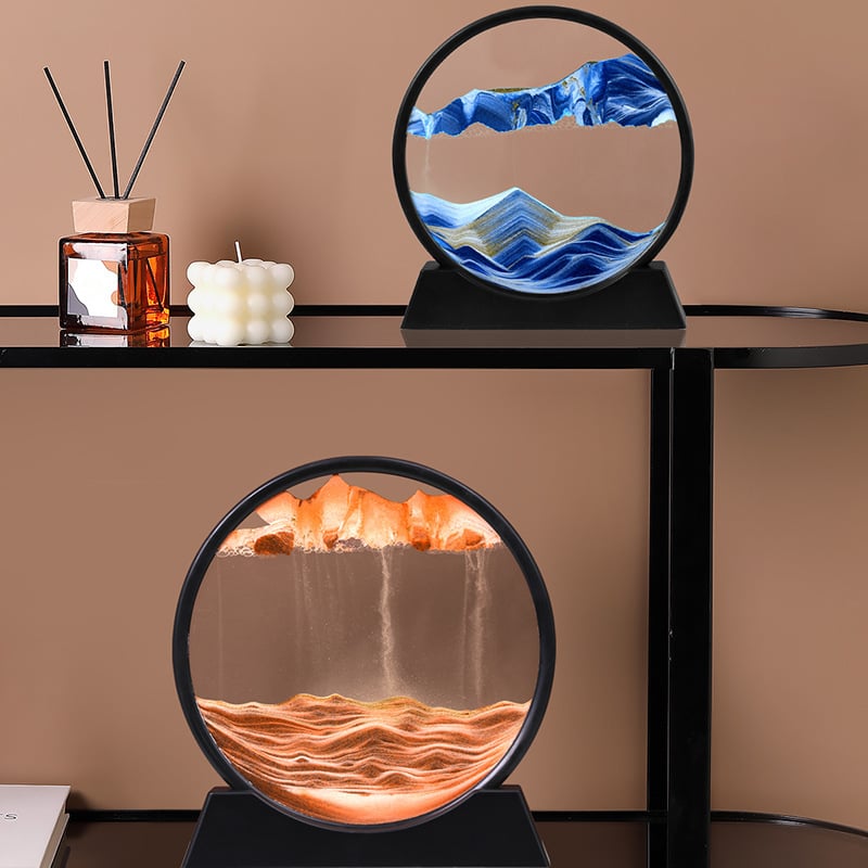 Dunvia | Bewegtes Sandbild im Glasrahmen als Dekoration für Schreibtisch und Regal