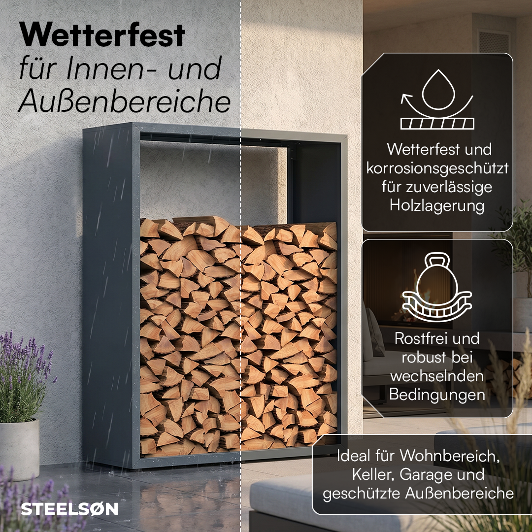 Brenvik | Kaminholzregal aus verzinktem Stahl, wetterfest, höhenverstellbare Füße