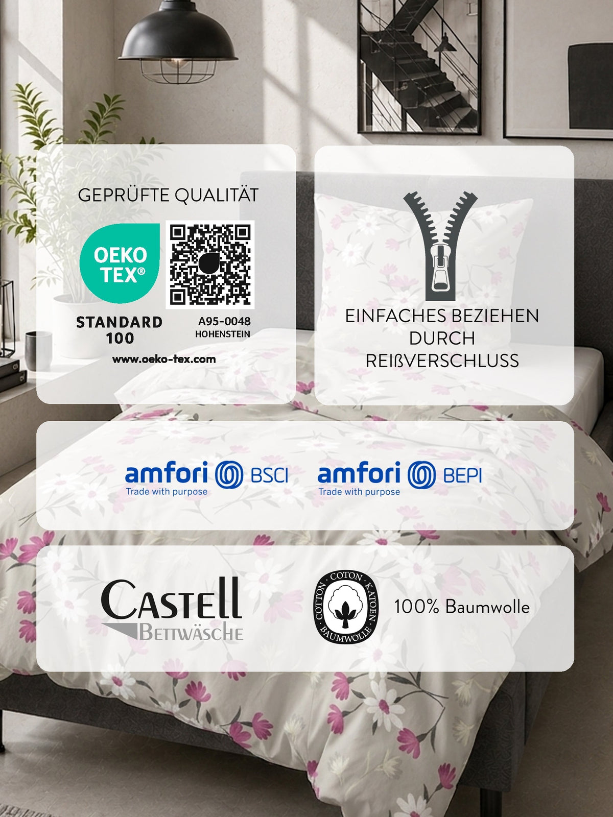 Brombia | Ropa de cama de franela de algodón con estampado floral, de 3 piezas con sábana bajera