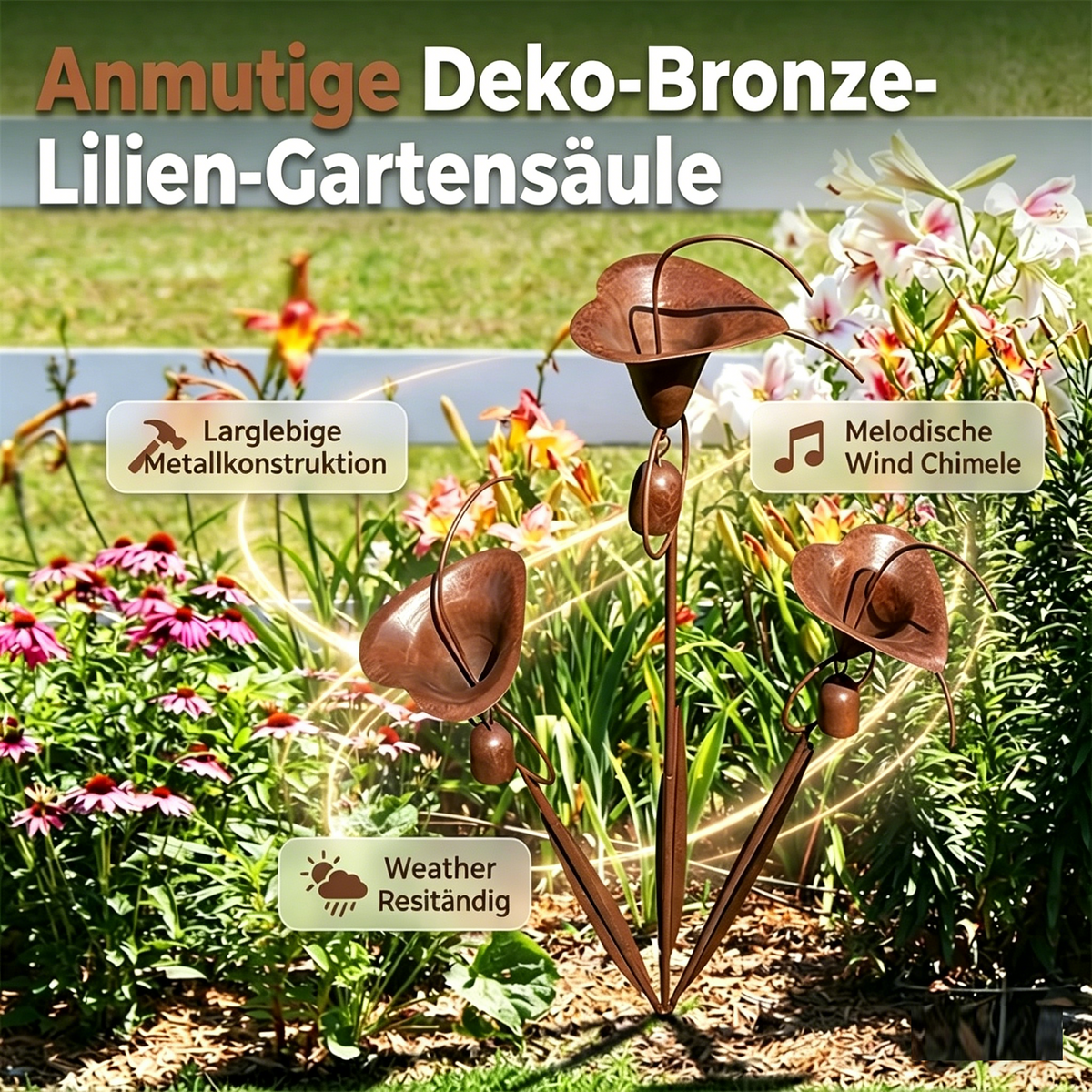 Calvessa | Gartenstecker mit Calla-Blüten und Glocken aus Eisen, 120 cm