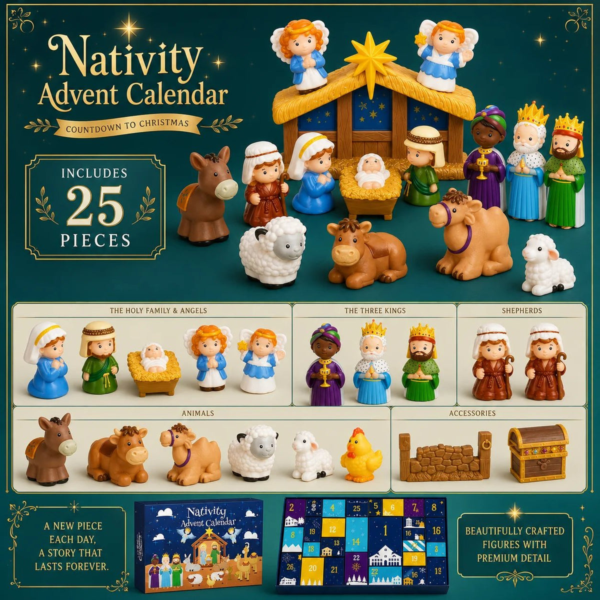 Navielle | Adventskalender Kinder mit 25 Krippenfiguren zur Weihnachtsgeschichte