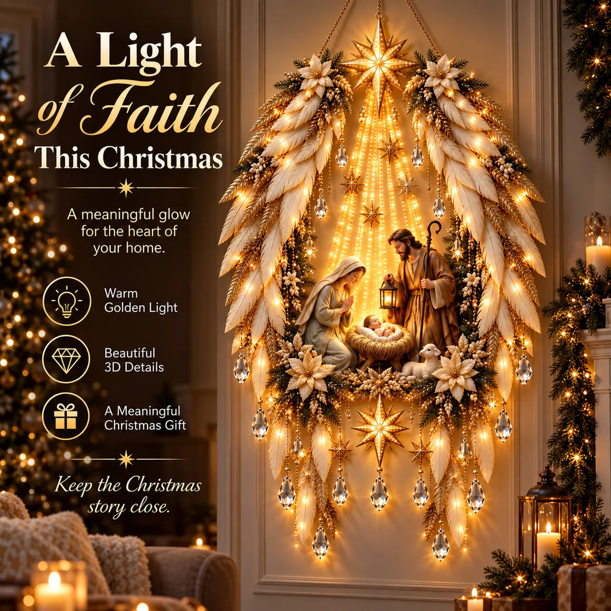 Seraphel | Decorazione natalizia luminosa della natività con ali d’angelo e stella