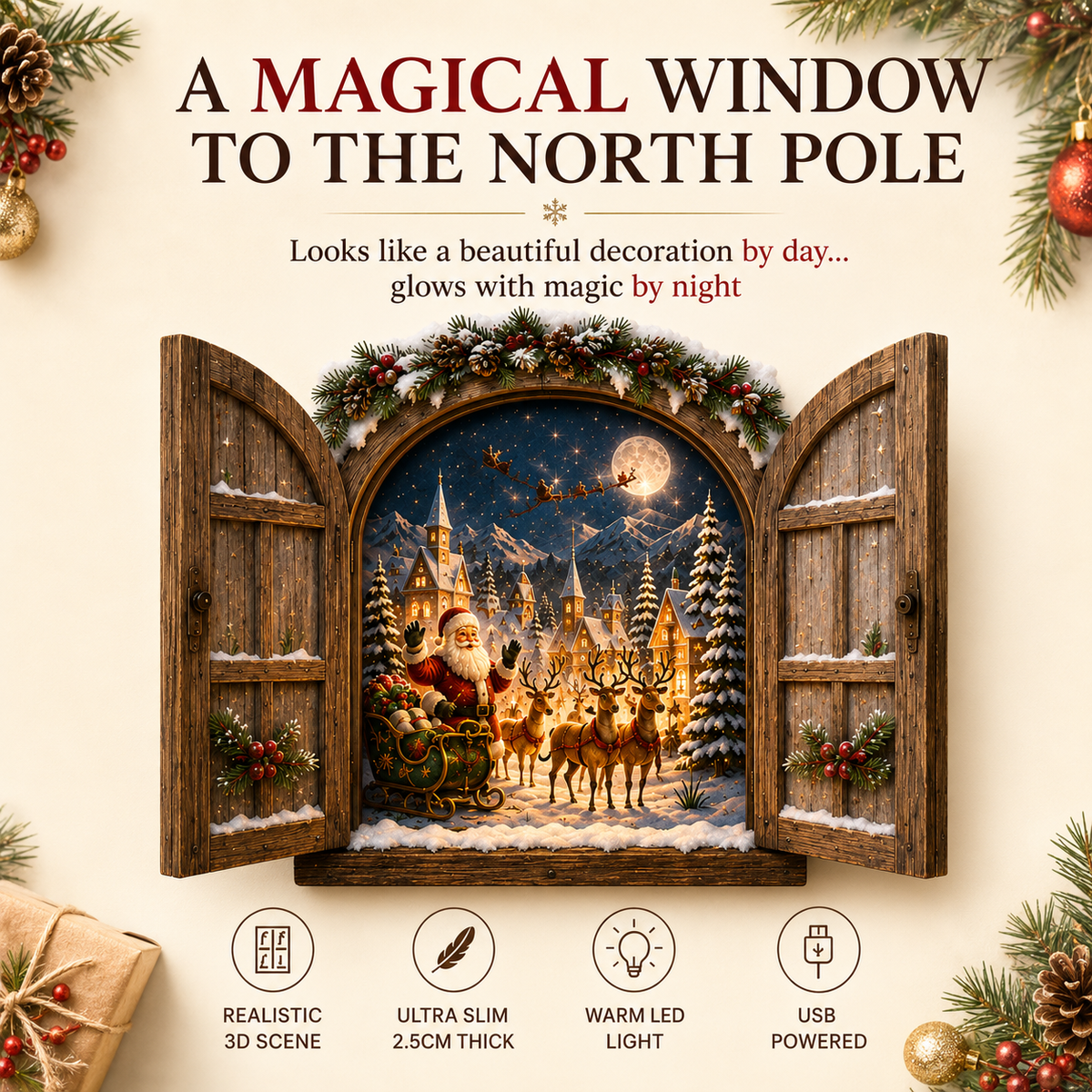 Nordelia | Lighted Christmas Window Wall Decor with 3D North Pole Scene