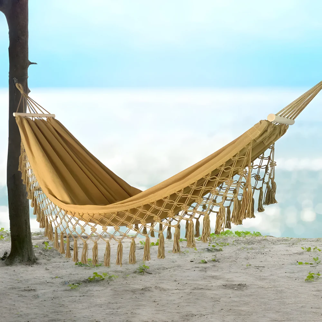 Amaca boho in cotone | Stabile con stecche di legno | Fino a 200 kg