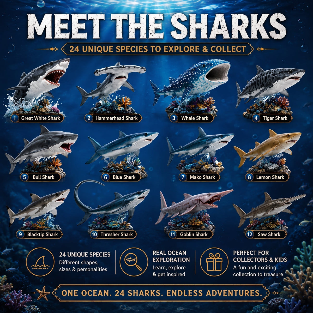 Haifina | 2026 Advent Calendar with 24 Collectible and Playable Shark Figures