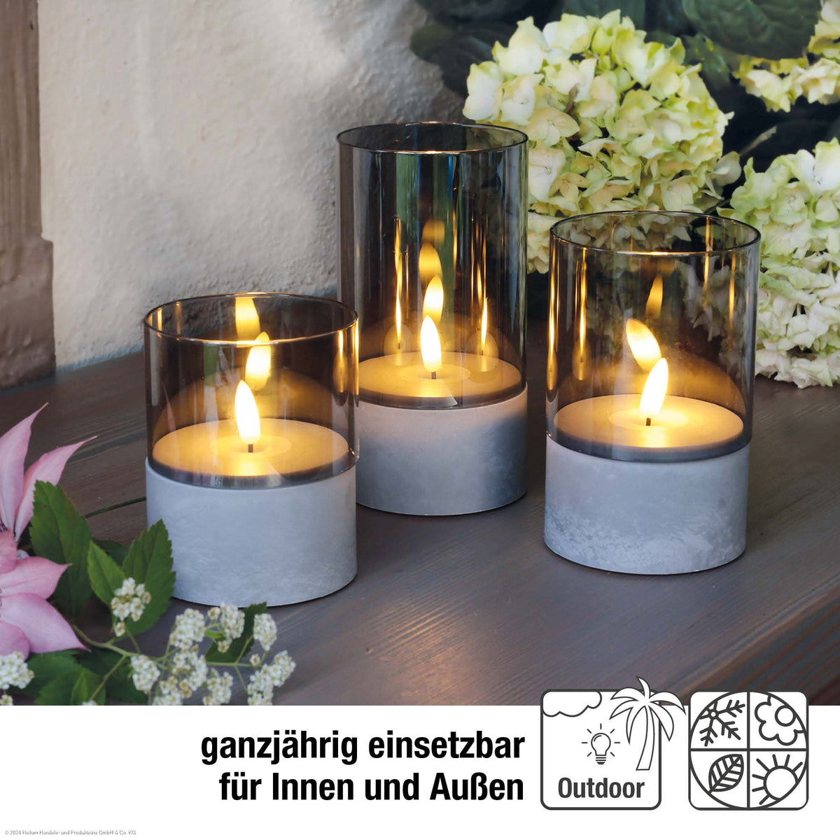 Grivelo | LED Kerzen in Betonoptik für außen, 3er Set mit Timer