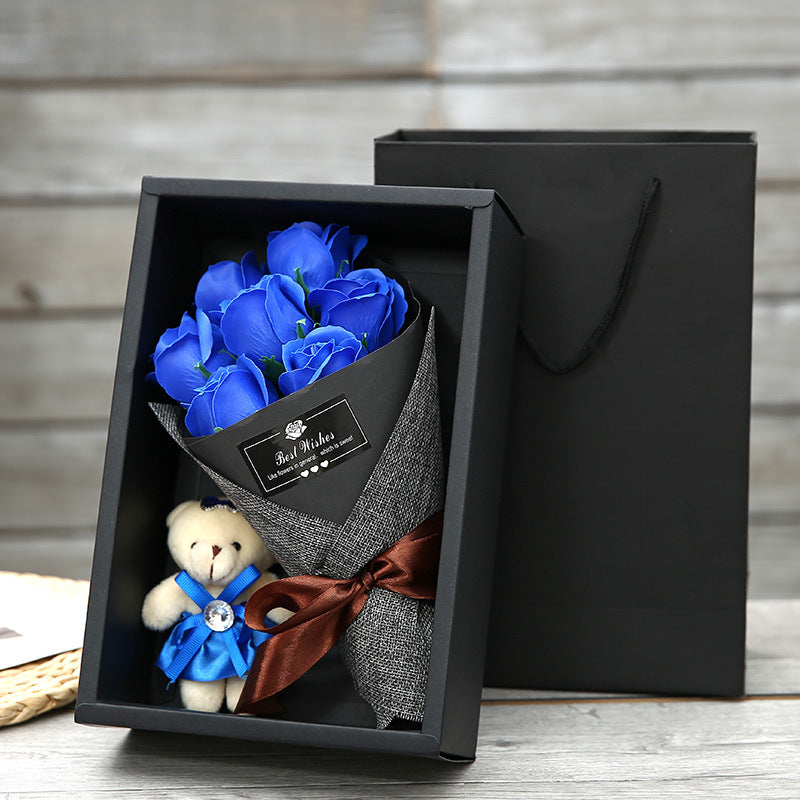 Seyflora | Soap Flower Bouquet with 7 Roses and Little Bear in a Gift Box
