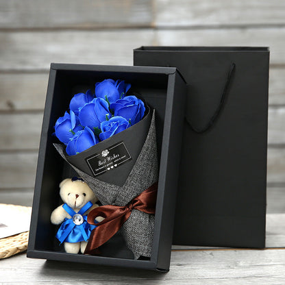 Seyflora | Soap Flower Bouquet with 7 Roses and Little Bear in a Gift Box