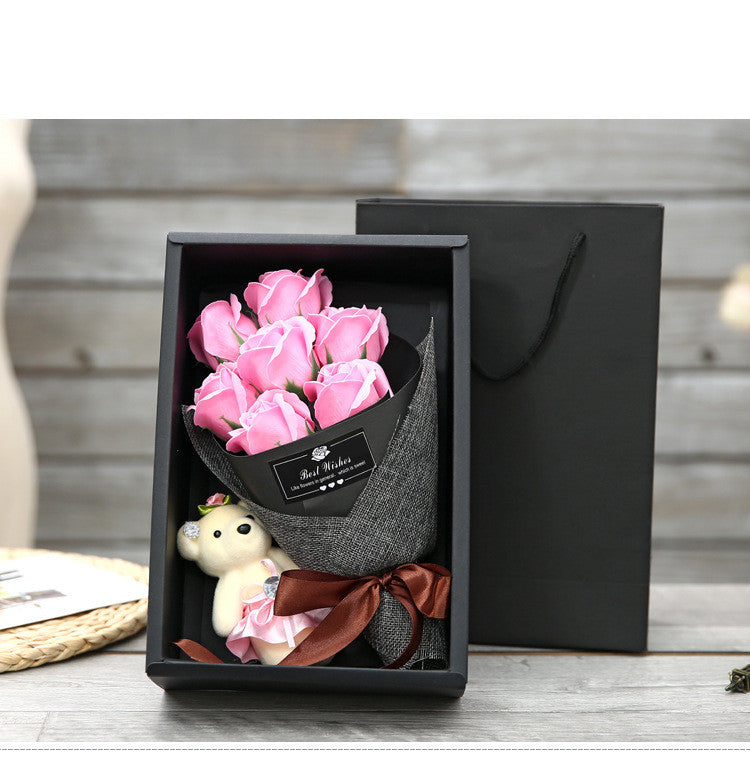 Seyflora | Soap Flower Bouquet with 7 Roses and Little Bear in a Gift Box