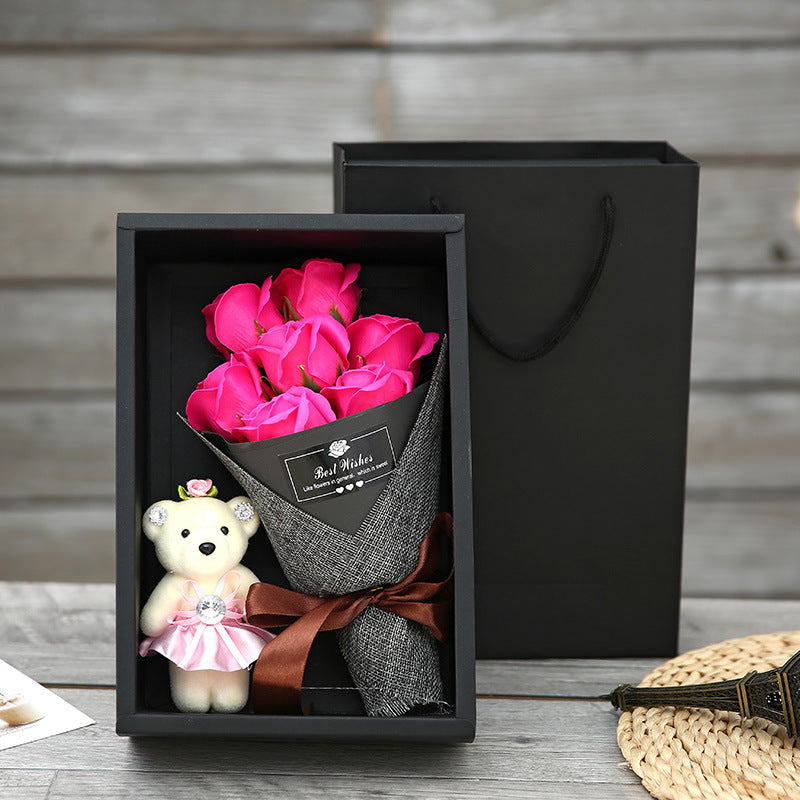 Seyflora | Soap Flower Bouquet with 7 Roses and Little Bear in a Gift Box