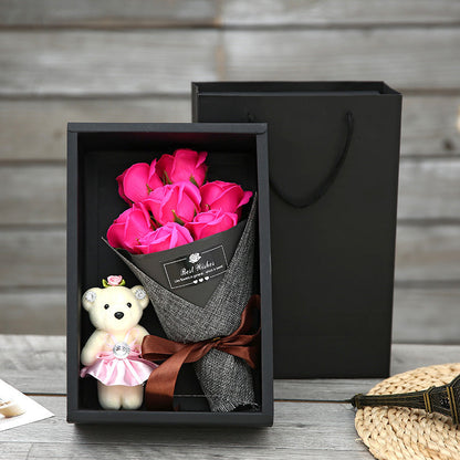 Seyflora | Soap Flower Bouquet with 7 Roses and Little Bear in a Gift Box