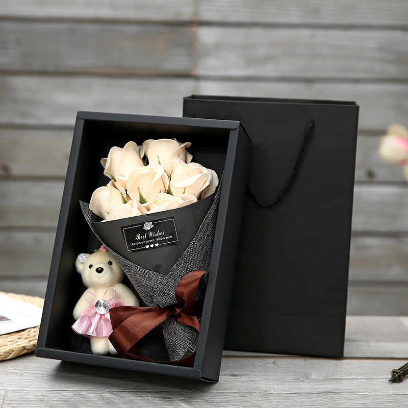 Seyflora | Soap Flower Bouquet with 7 Roses and Little Bear in a Gift Box