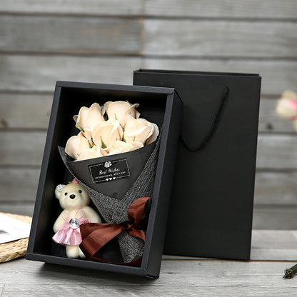 Seyflora | Soap Flower Bouquet with 7 Roses and Little Bear in a Gift Box
