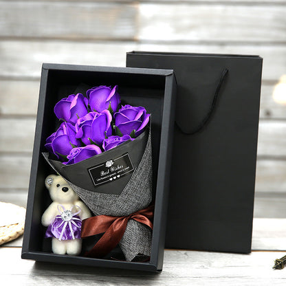 Seyflora | Soap Flower Bouquet with 7 Roses and Little Bear in a Gift Box