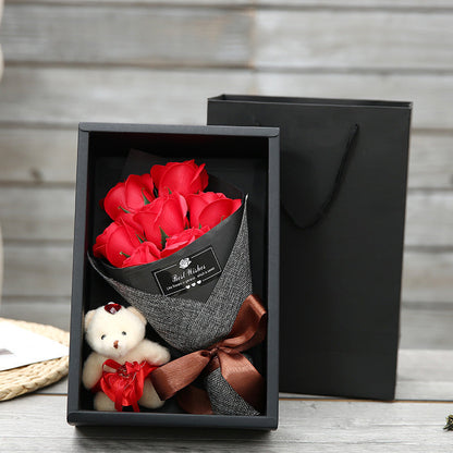 Seyflora | Soap Flower Bouquet with 7 Roses and Little Bear in a Gift Box