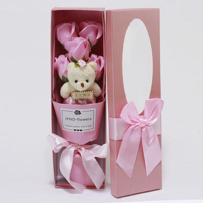 Seyflora | Soap Flower Bouquet with 7 Roses and Little Bear in a Gift Box