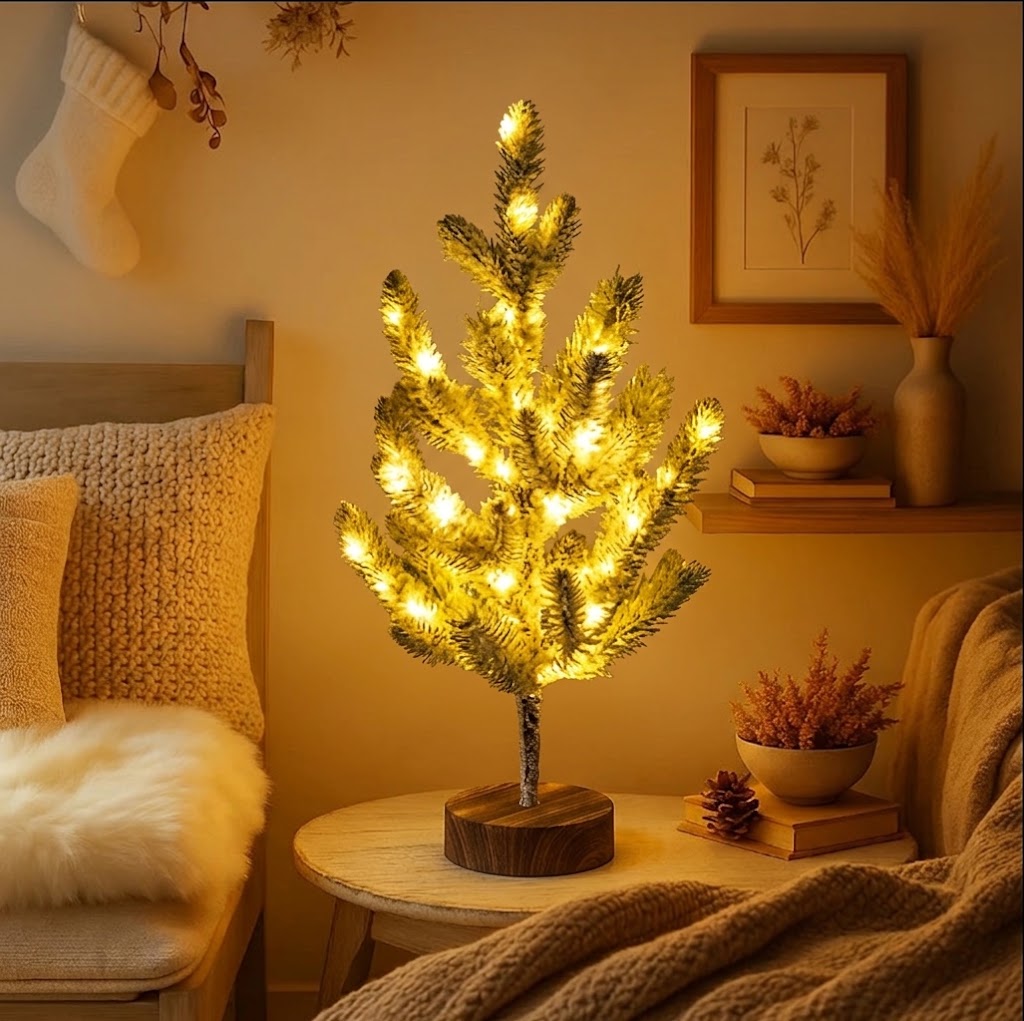 Frosted Winterbaum | Künstlicher Weihnachtsbaum mit Warmweißen LED-Lichtern | Dekobaum 55 cm mit Schneeeffekt