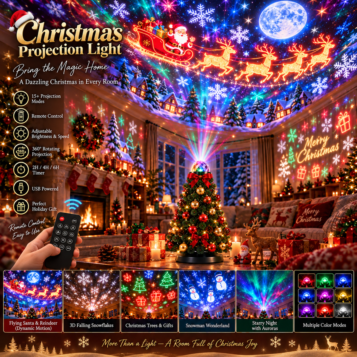 Projora | LED Weihnachtsbeleuchtung Projektor mit 15+ Motiven und Fernbedienung