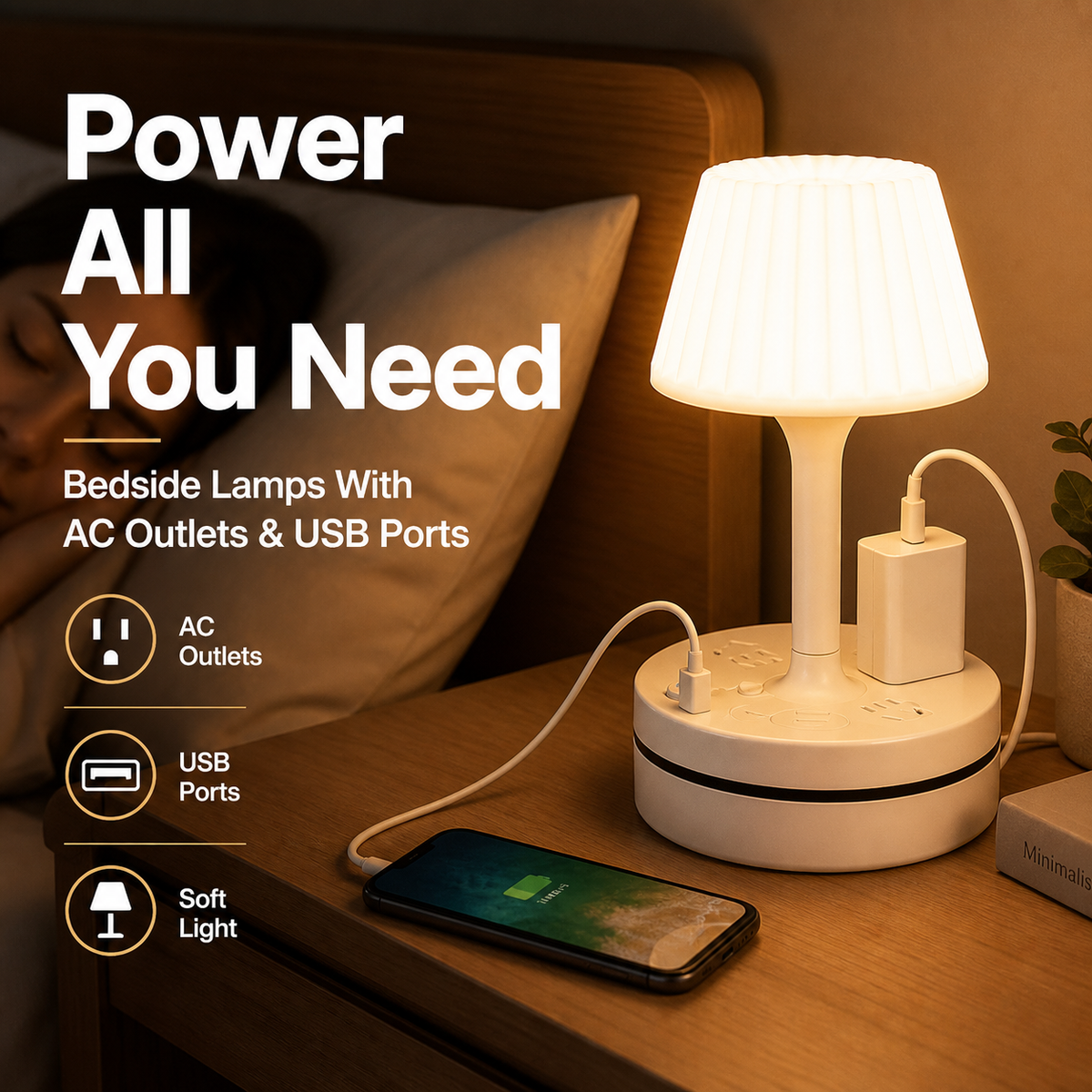 Lumessa | Nachttischlampe mit Steckdosen, USB und USB-C Ladeanschluss