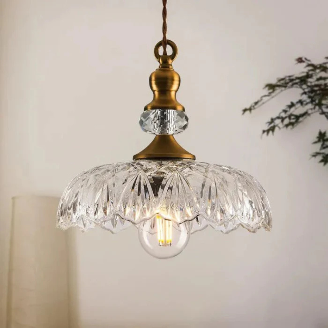 Aelius – Lampada a sospensione in vetro stile retrò (Ø24 cm) con dettagli in metallo per sala da pranzo & cucina