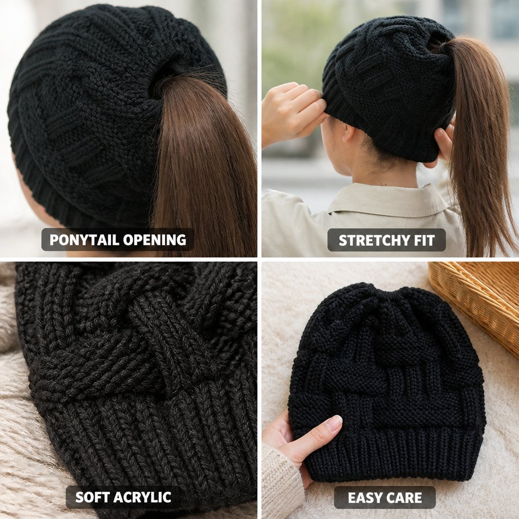FrostFaden | Ponytail Beanie in Soft Acrylic Knit with Stretch Fit
