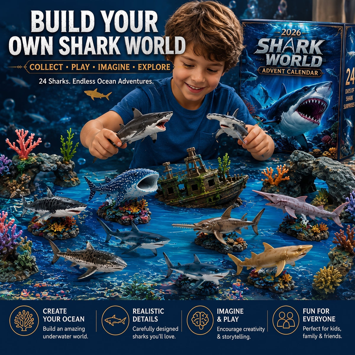 Haifina | 2026 Advent Calendar with 24 Collectible and Playable Shark Figures