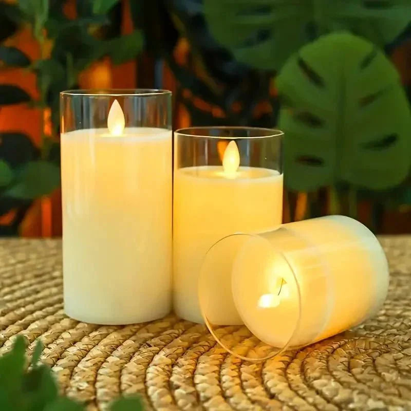 Glasmira | LED Kerzen im Glas, 3er Set stufenlos dimmbar mit Timer